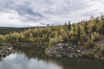 Fototapeta na wymiar Lake scenes in forest, national park Kachkanar, Russia, Europe
