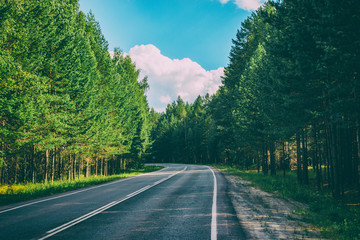 Road through green deep forest in Russia