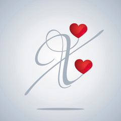 Lovers two hearts X Caps Valentines letter red grey background banner logo icon