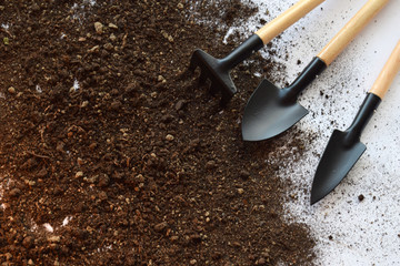 Gardening equipment. Seeding or planting a plant on soil background. Natural background for advertisements.