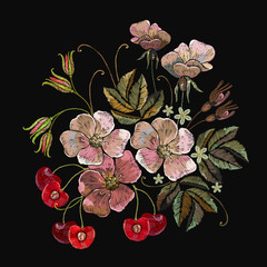 Embroidery pink cherry blossom tree and cherry fruit berry. Fashion template for clothes, textiles and t-shirt design