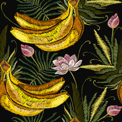 Embroidery banana and lotus flowers seamless pattern. Tropical spring art. Fashion template for clothes, textiles and t-shirt design