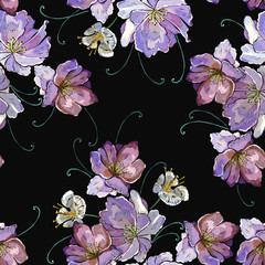 Embroidery pink flowers seamless pattern. Fashion spring template for clothes, textiles and t-shirt design