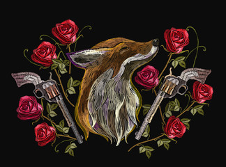 Embroidery red fox, roses and gums. Template for clothes, textiles, t-shirt design. Criminal art