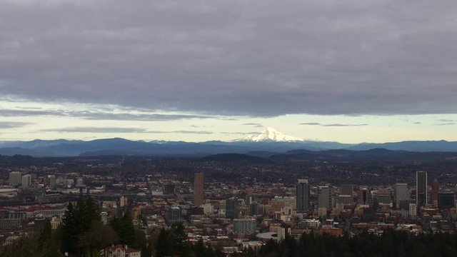 UHD 4K time lapse video of Downtown Portland with Mount Hood and clouds movement in Portland Oregon 3840x2160 Ultra High Definition