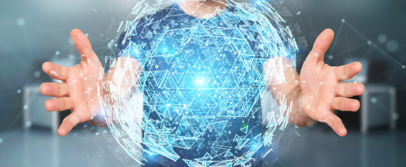 Fototapeta premium Businessman using digital triangle exploding sphere hologram 3D rendering