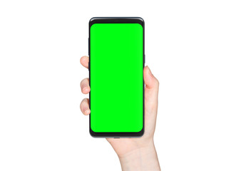 Woman hand holding modern smatphone mockup on white