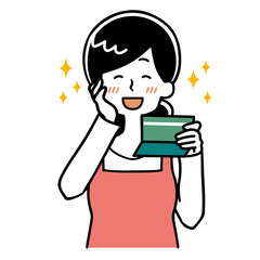 女性　通帳　笑顔