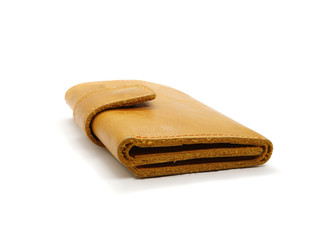 Yellow leather wallet for money isolated on white background.