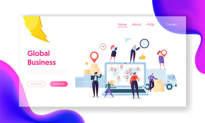Global Logistic Business Team Cooperation Landing Page. Female with Geotag Symbol stay on Delivery Trailer. Worldwide Delivery Company Concept for Website or Web Page Flat Cartoon Vector Illustration