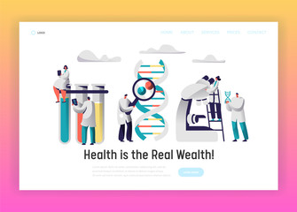 Explorer Hold DNA Cell Model Landing Page. Researcher observe Radiograph in front of Test Tube. Medic with Magnifier Research Genome Pair in Flask Website or Web Page Flat Cartoon Vector Illustration