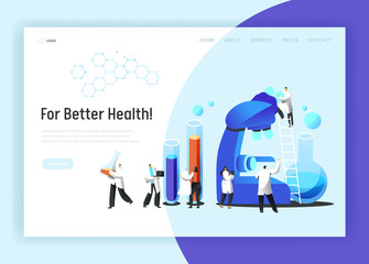Medical Scientist Laboratory Microscope Test Landing Page. Chemistry Engineer Character Research Pharmacology Experiment in Beaker for Website or Web Page Flat Vector Cartoon Illustration