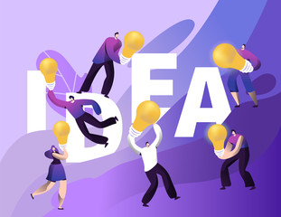 Creative Idea Abstract Bulb Character Motivation Banner. Business Brainstorm Communication Conceptual Poster Template. Think Quick Horizontal Abstract Typography Card Vector Flat Cartoon Illustration