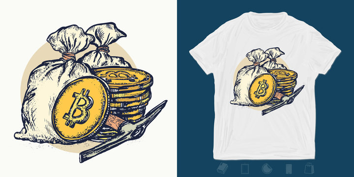 Golden coins and bag of money. Cryptocurrency bitcoin mining print for t-shirts and another, trendy apparel design