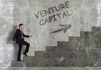 Business, technology, internet and networking concept. A young entrepreneur goes up the career ladder: Venture capital