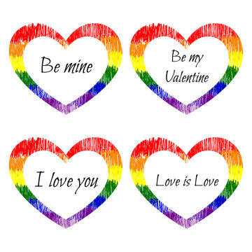 Fototapeta  Set of rainbow hearts with inscriptions for cards on the day of St. Valentine. For lgbt, lgbtq community. Vector illustration isolated on white background.