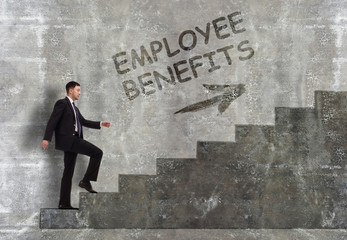 Business, technology, internet and networking concept. A young entrepreneur goes up the career ladder: Employee benefits