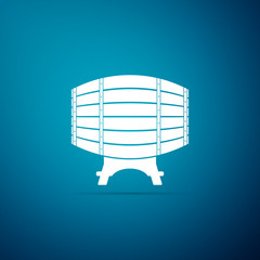 Wooden barrel on rack icon isolated on blue background. Flat design. Vector Illustration