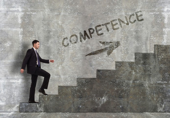 Business, technology, internet and networking concept. A young entrepreneur goes up the career ladder: Competence