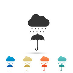 Cloud with rain drop on umbrella icon isolated on white background. Set elements in colored icons. Flat design. Vector Illustration