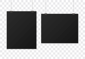 Black poster hanging. Mock up empty paper blank. Vertical and horizontal template. Vector illustration