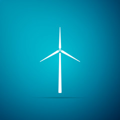Wind turbine icon isolated on blue background. Wind generator sign. Windmill silhouette. Windmills for electric power production. Flat design. Vector Illustration