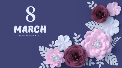 8 march womens day background, spring botanical floral template, paper flowers decoration, 3d rendering