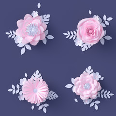Pink and white paper flowers decoration design element set, Mothers day greeting card template, abstract floral bouquet wedding decor, 3d rendering,