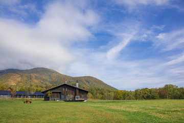 北海道の秋の空と牧場の風景