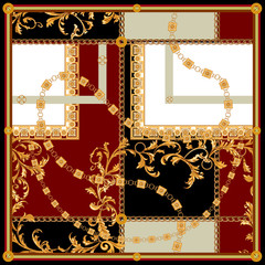 Baroque patch with golden chains. Vector pattern for scarf