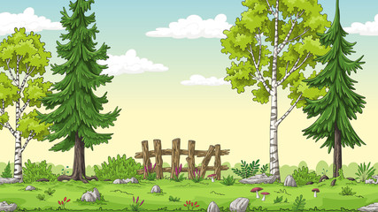 Cartoon summer landscape with trees and fence, hand draw illustration