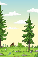 Cartoon summer landscape with trees, hand draw illustration