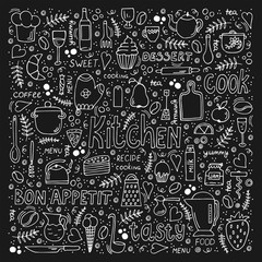 A set of kitchen utensils and food Doodle symbols drawn with chalk on a black Board. Vector illustration.     