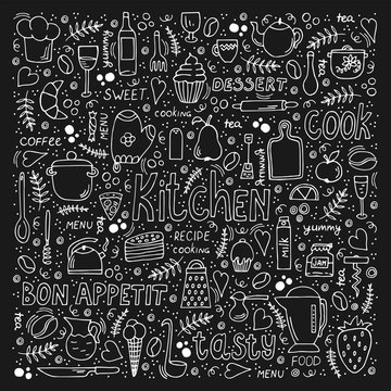 A set of kitchen utensils and food Doodle symbols drawn with chalk on a black Board. Vector illustration.     