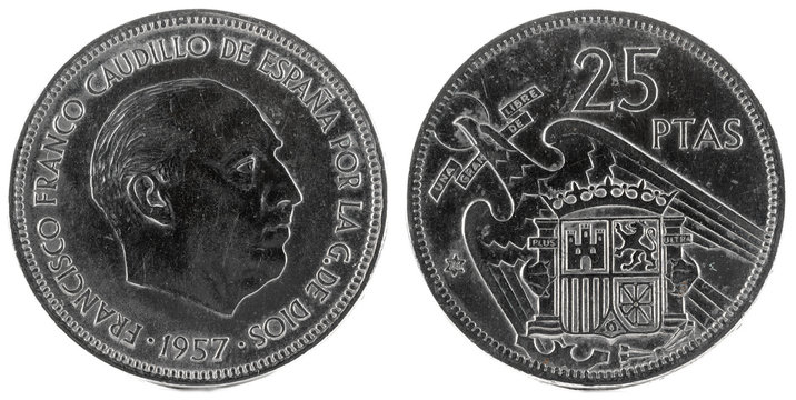Old Spanish coin of 25 pesetas, Francisco Franco. Year 1957, 74 in the star.