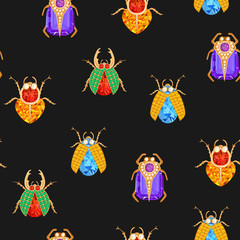 Jewelry Brooch with Gemstones and Golden Accessories Seamless Pattern. Fashion Background with Luxury Jewels, Diamonds, Emeralds, Rubies and Crystals. Vector illustration