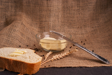 bread with butter. Concept of homemade food. Close up