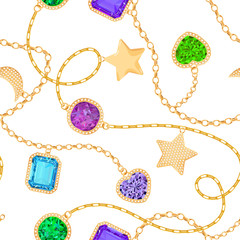 Golden Chains and Gemstones Seamless Pattern. Jewelry Emeralds, Gold Accessories, Gems and Diamonds Fashion Pattern for Fabric Textile. Vector illustration