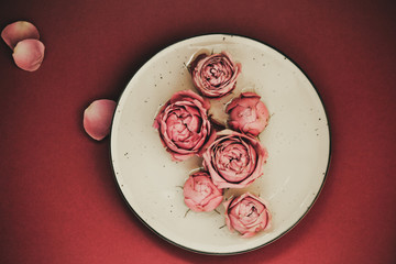 pink roses on a white dish