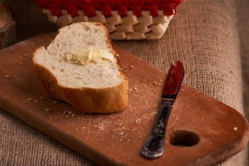 bread with butter. Concept of homemade food. Close up