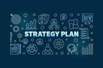 Strategy Plan blue horizontal outline banner or illustration on dark background