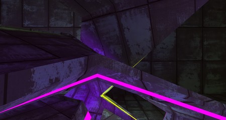 Abstract  Concrete Futuristic Sci-Fi interior With Violet And Green Glowing Neon Tubes . 3D illustration and rendering.