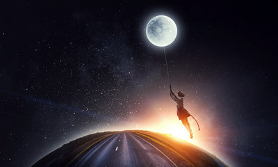 Girl holds the moon . Mixed media