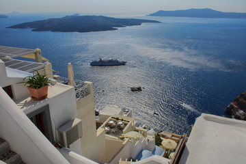 View off the coast of Santorini, the city of Tira and the Aegean Sea in Greece
