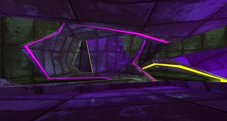 Abstract  Concrete Futuristic Sci-Fi interior With Violet And Green Glowing Neon Tubes . 3D illustration and rendering.