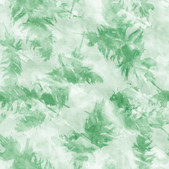Seamless watercolor abstract background with beautiful green  feathers, autumn leaf drawings. Vintage illustration with an abstract green paint glue. For textiles, material,wallpapers.
