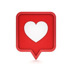 3d social media notification like heart icon on red rounded square pin isolated on white background with shadow 3D rendering