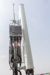 5G smart mobile telephone radio network antenna base station. Transmitter connection system at cellular phone antennas.