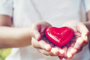 Close up female hands giving red heart on hands