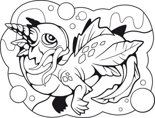 cartoon little water dragon, coloring book, funny illustration